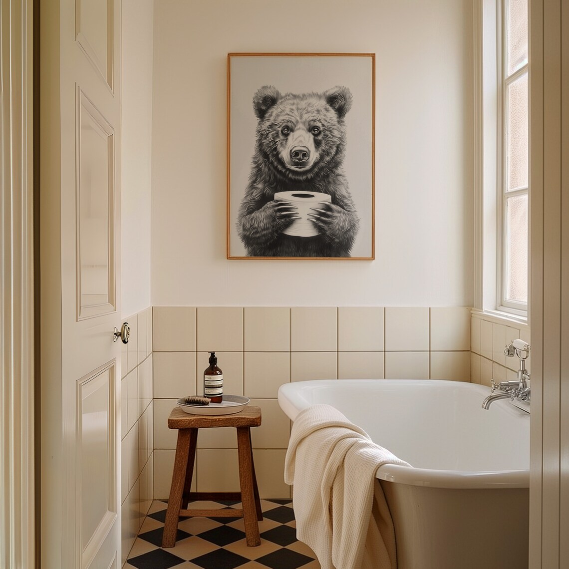 Funny Bear Holding Toilet Paper Roll Bathroom Humor Sketch Poster - Image 3