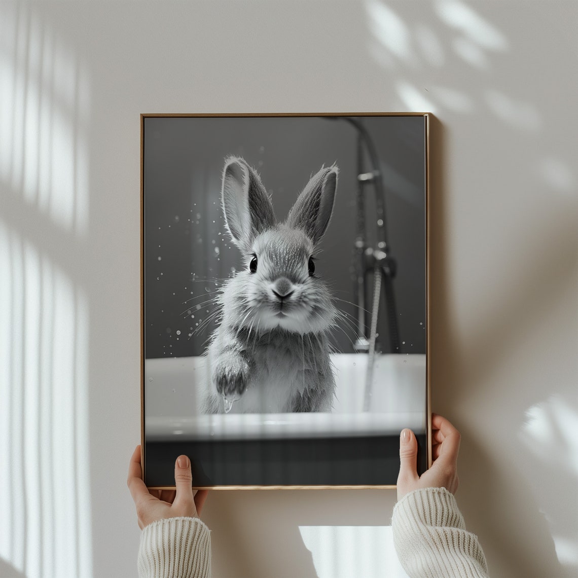 Cute Bunny Taking a Bubble Bath Black and White Bathroom Poster - Image 3