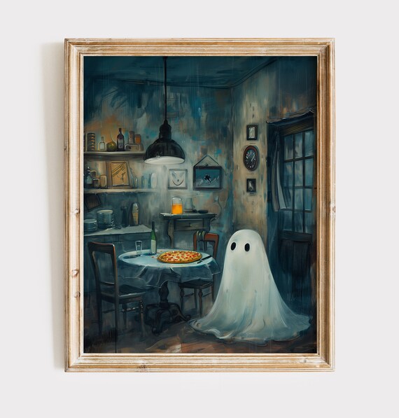 Cute White Ghost Enjoying Pizza Night in Dark Cozy Restaurant Poster