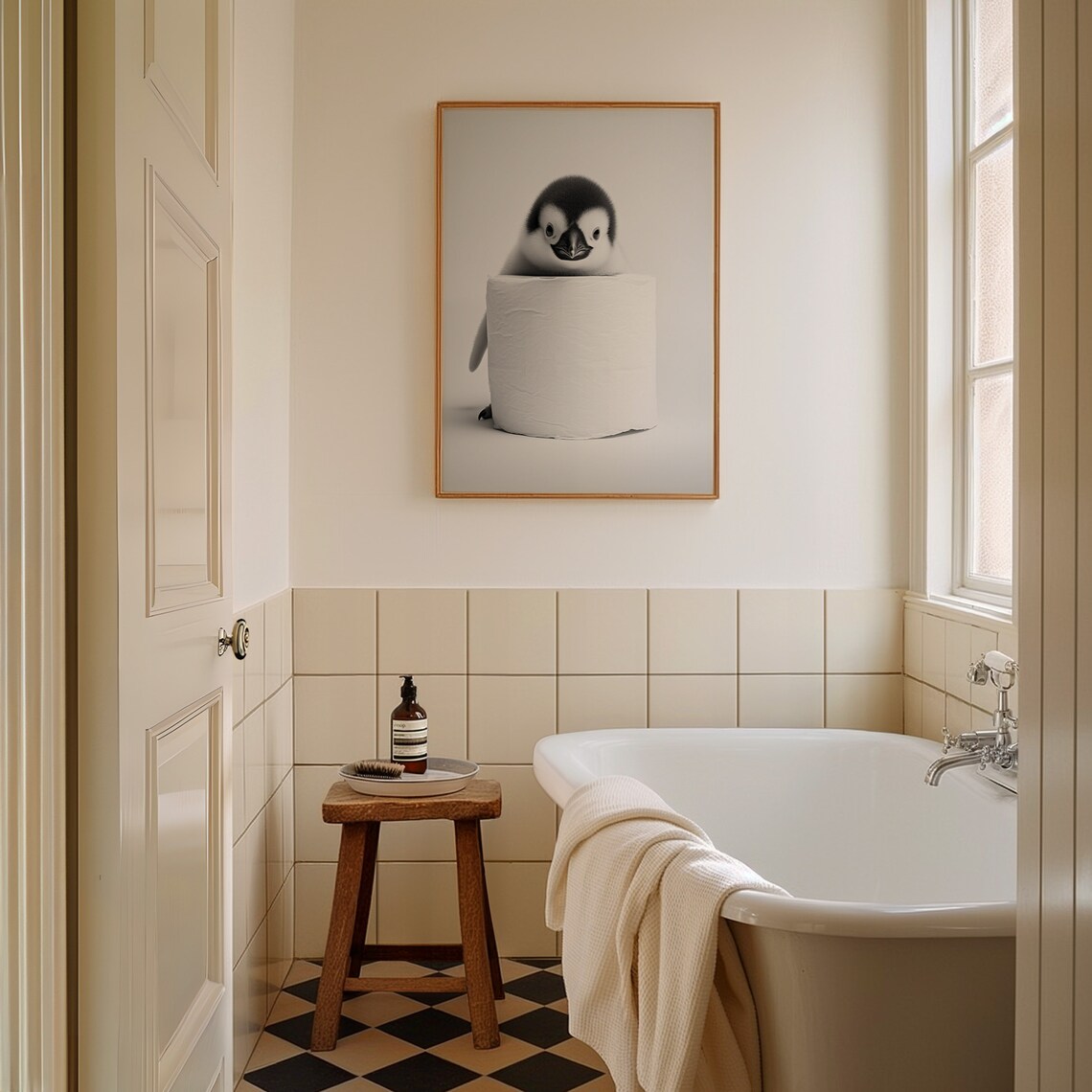 Cute Baby Penguin Over Toilet Paper Roll Funny Bathroom Poster - Image 3
