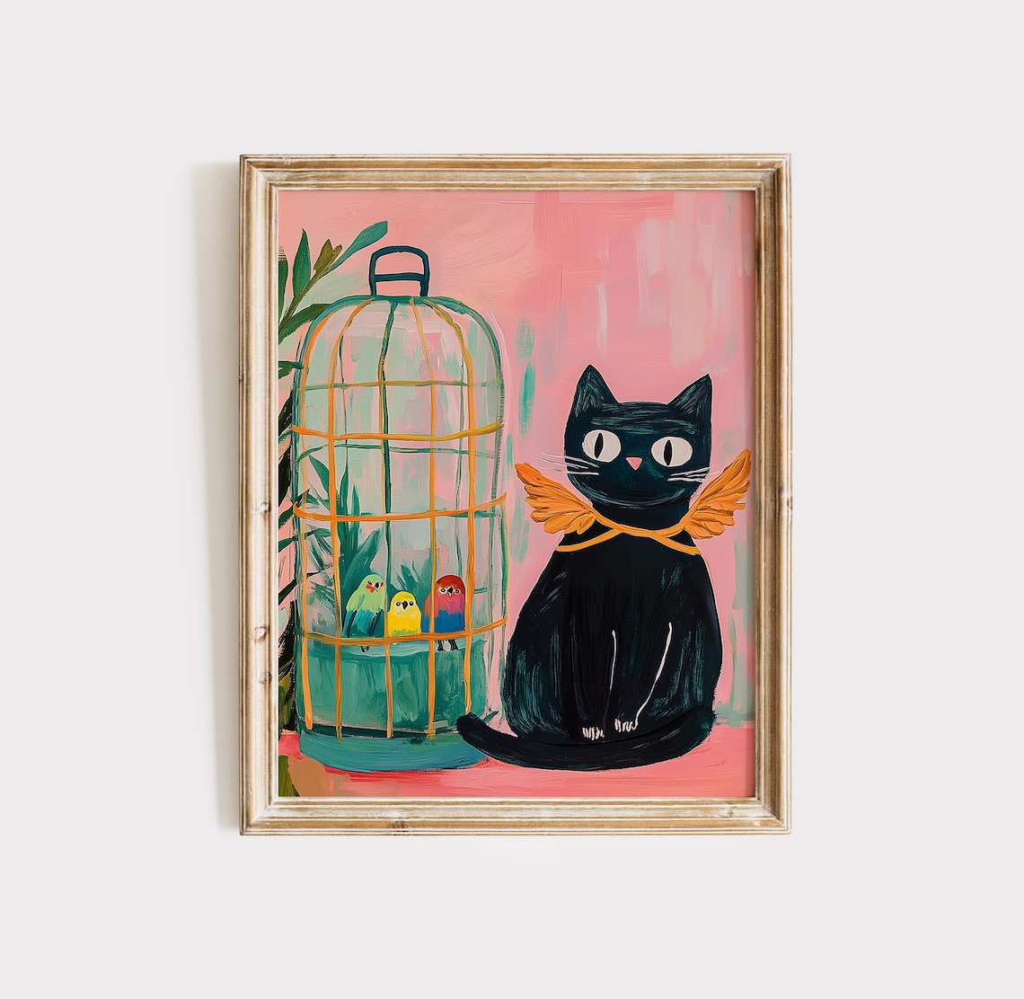 Black Cat With Birdcage Budgies Matisse Style Whimsical Cat Wall Poster - Image 3