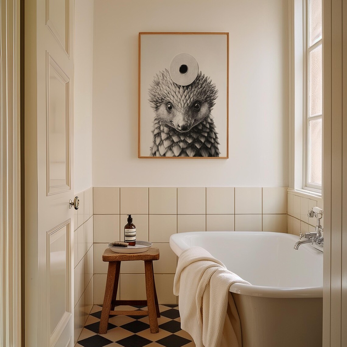 Cute Pangolin Balancing Toilet Paper On Head Bathroom Poster - Image 2