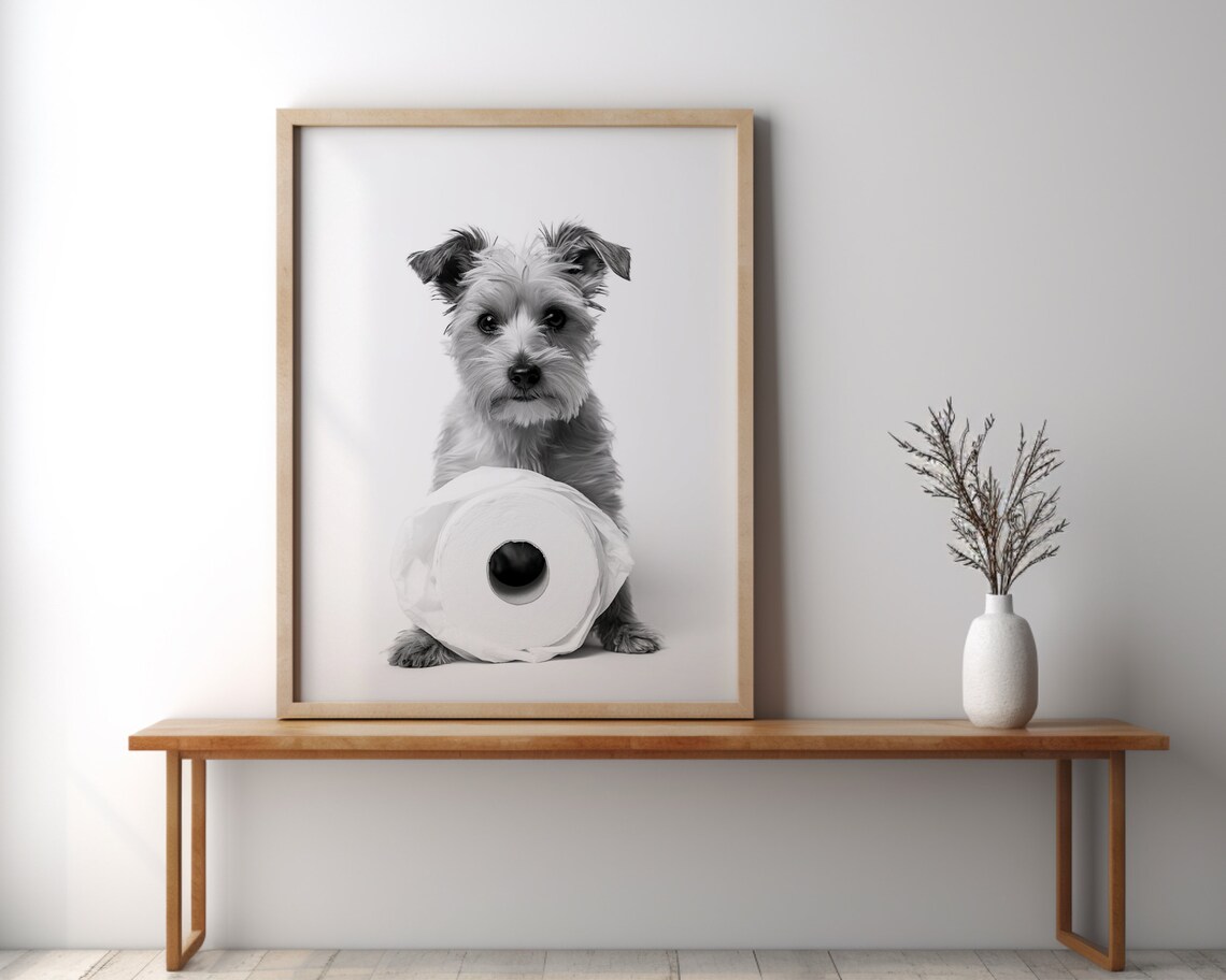 Cute Terrier Puppy With Toilet Paper Roll Funny Bathroom Poster - Image 2