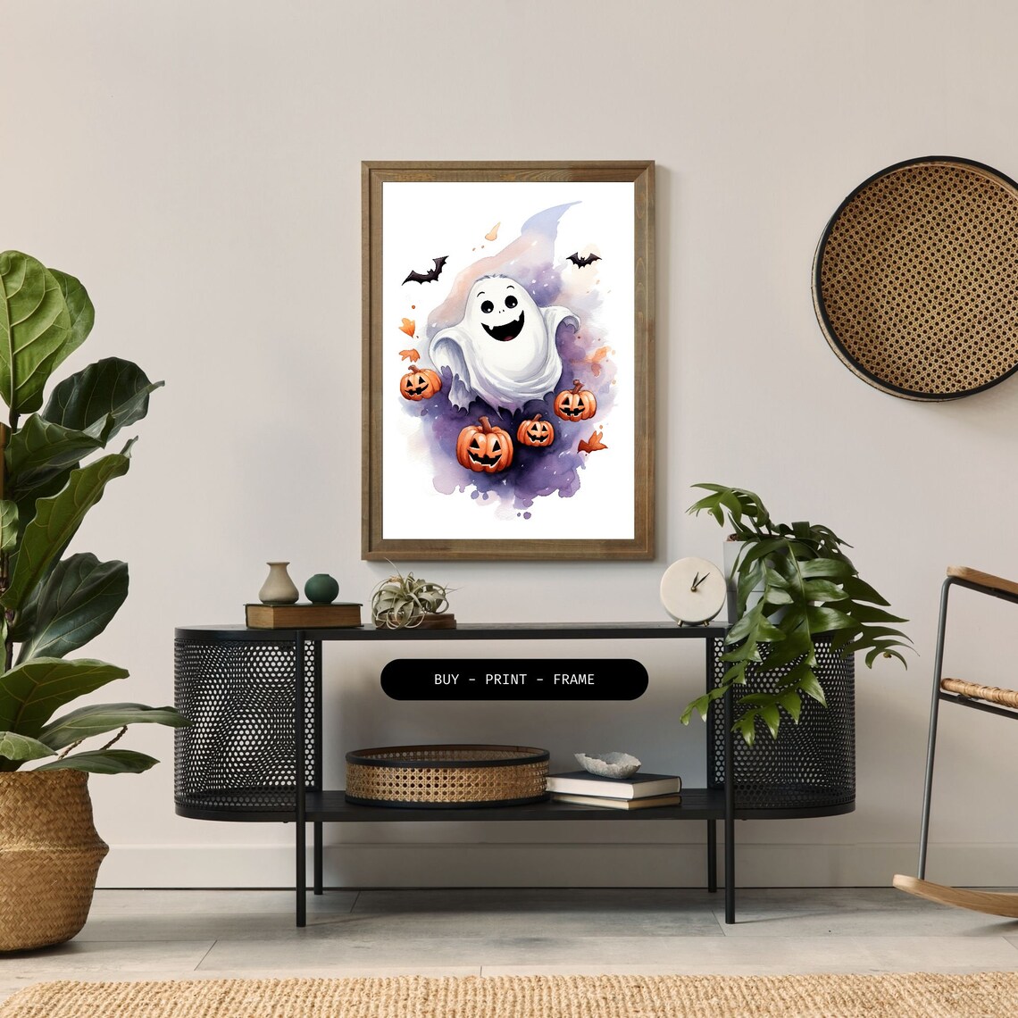 Cute Ghost Bats Watercolor Halloween Wall Decor - Image 2