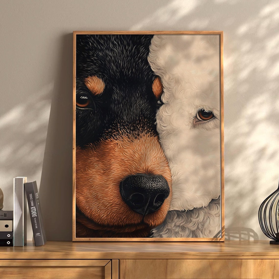 Split Face Rottweiler And White Poodle Close Up Painting Poster