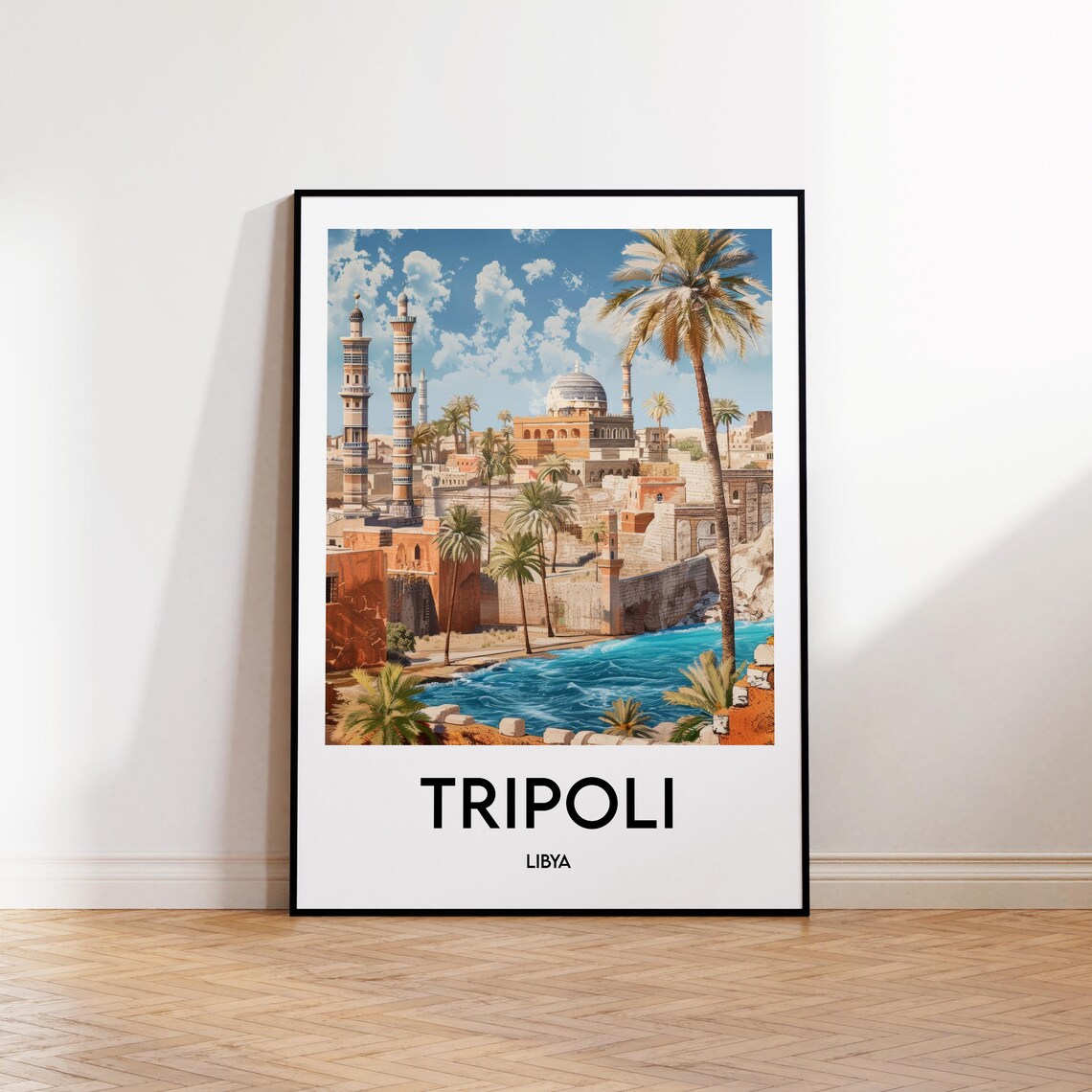 Tripoli Libya Mosque Minarets Palm Coast Vintage Travel Poster