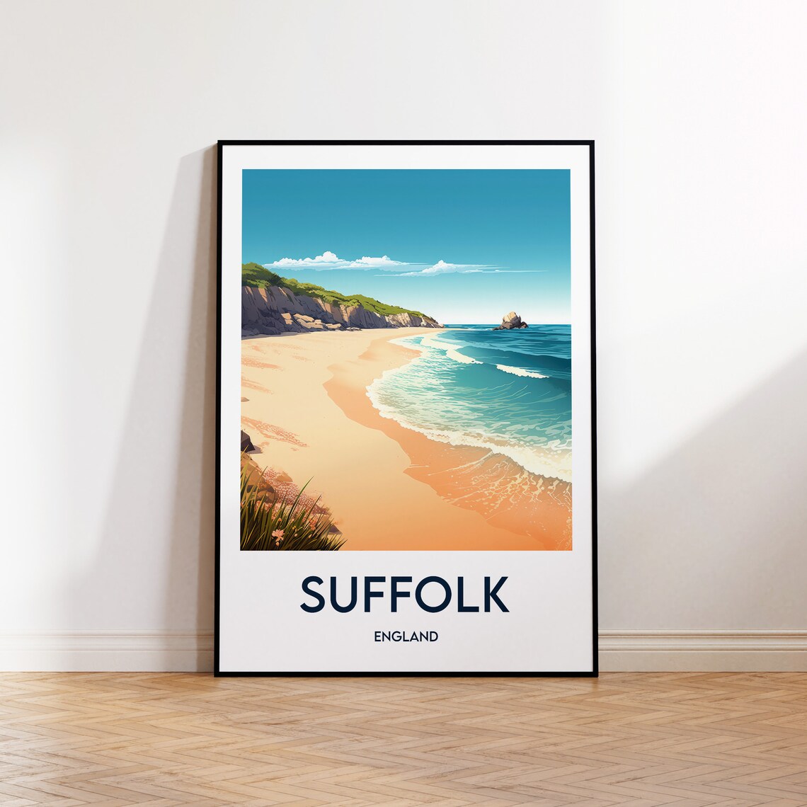 Suffolk England Coastal Beach Cliffs Retro Vintage Travel Poster
