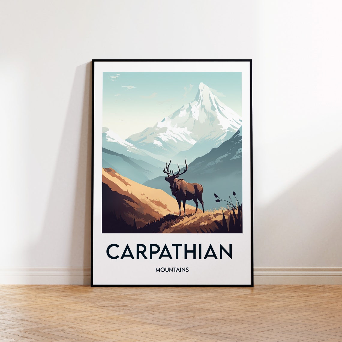 Carpathian Mountains Stag Snow Peak Alpine Vintage Travel Poster