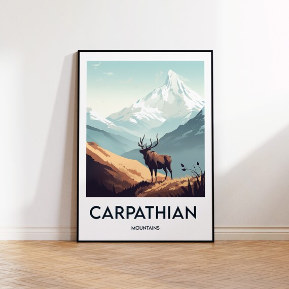 Carpathian Mountains Stag Snow Peak Alpine Vintage Travel Poster