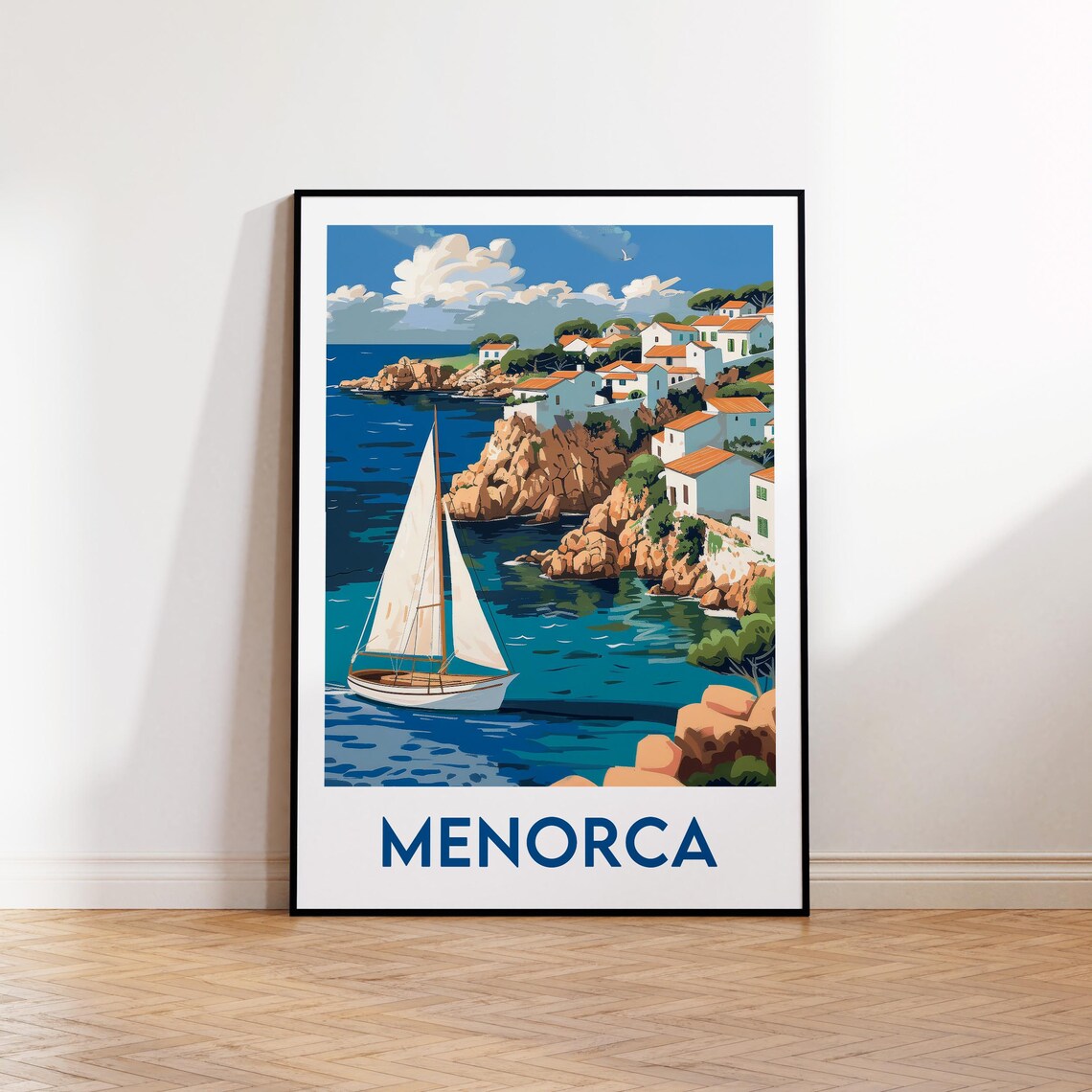 Menorca Balearic Sailboat Coastal Town Vintage Travel Poster