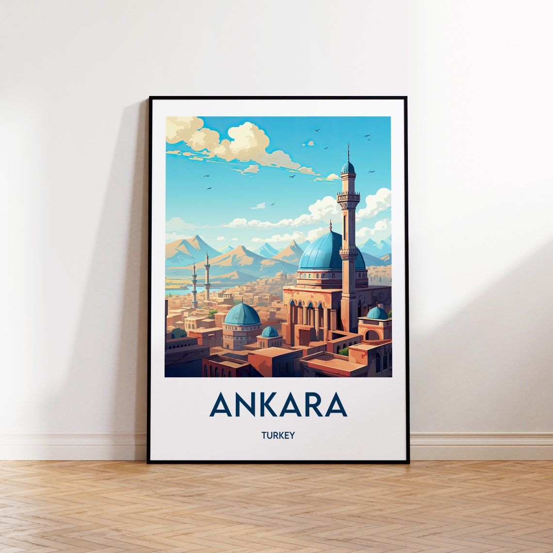 Ankara Turkey Blue Domed Mosque Skyline Vintage Travel Poster