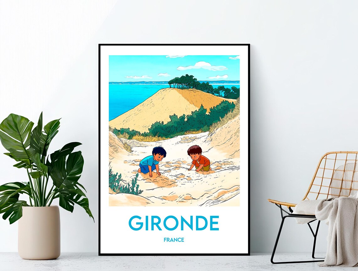 Gironde France Sand Dune Two Boys Playing by the Sea Travel Poster