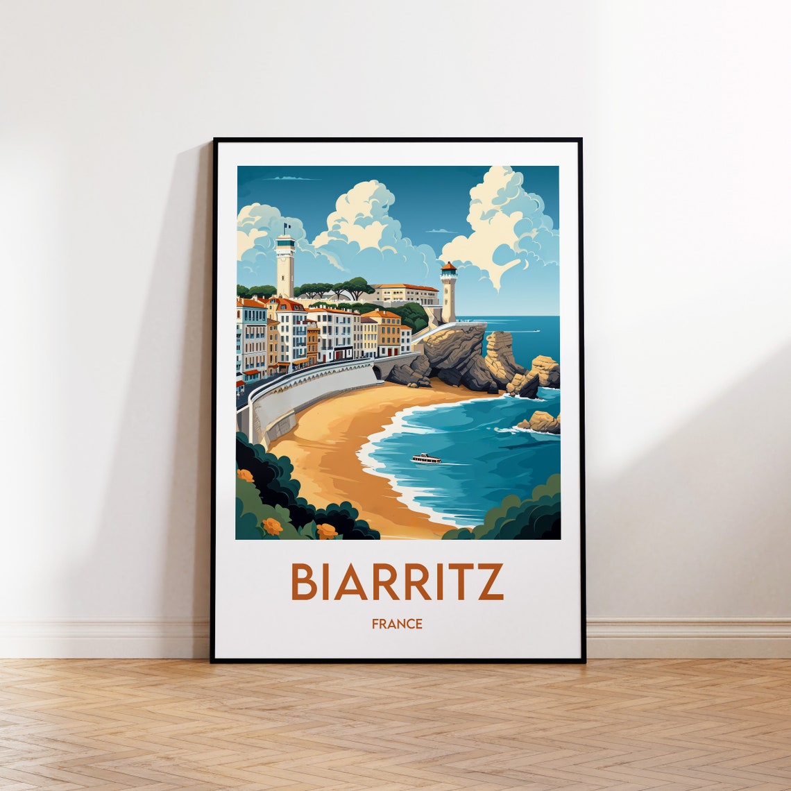 Biarritz France Coastal Travel Poster with Beach Cliffs and Lighthouse
