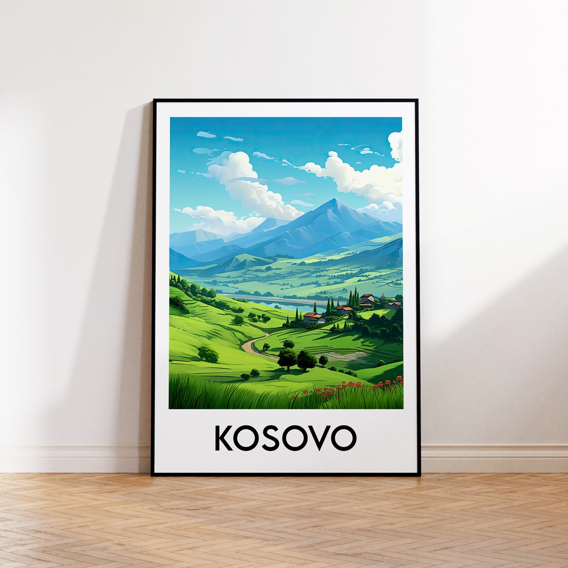 Scenic Kosovo Rolling Green Valley Village Vintage Travel Poster