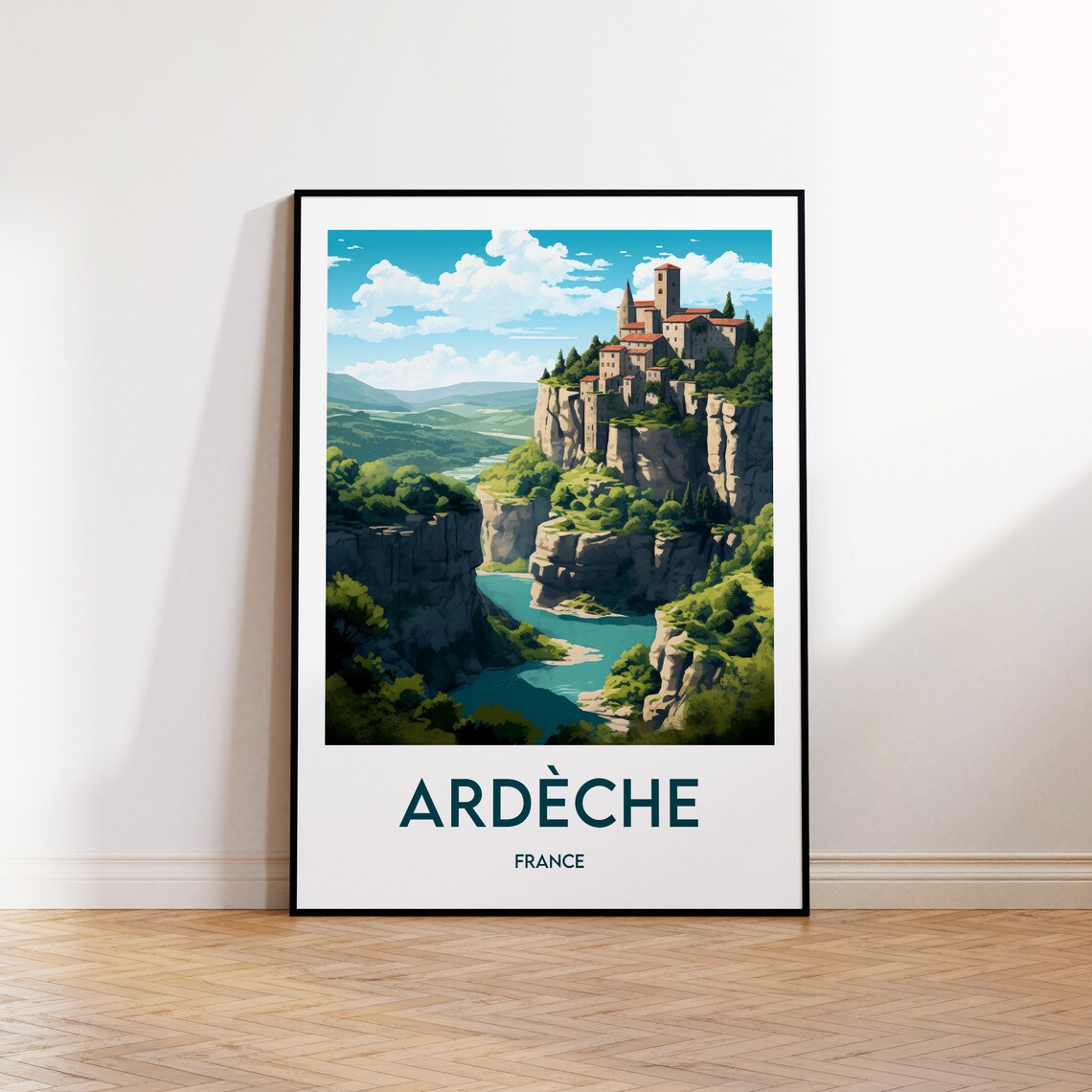 Ardeche France Vintage Travel Poster Cliff Village River Scene