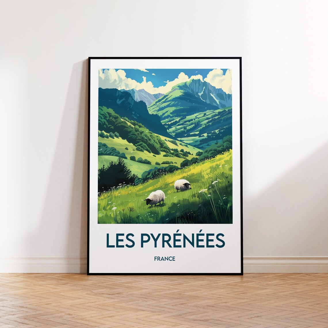 Les Pyrenees France Travel Art Sheep Grazing Green Valley Poster