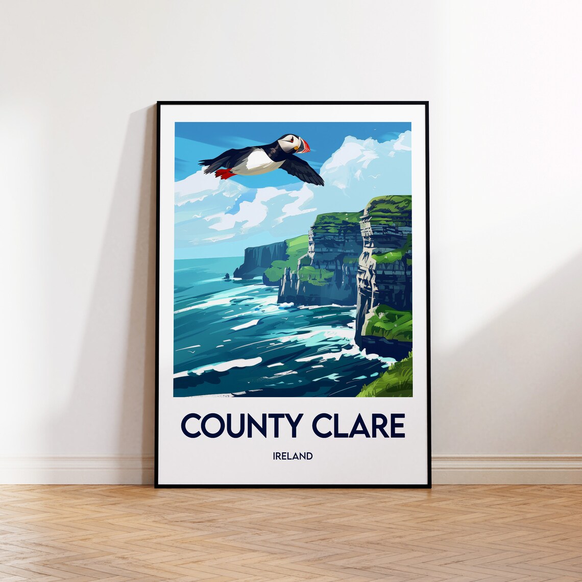 County Clare Ireland Puffin Over Atlantic Sea Cliffs Travel Poster