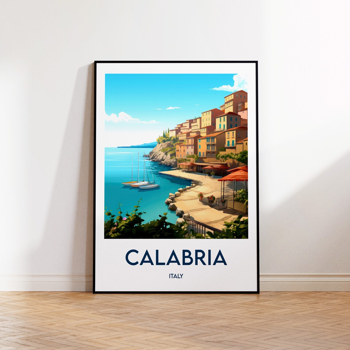 Calabria Italy Poster Of Seaside Cliff Town With Sailboats And Cafe