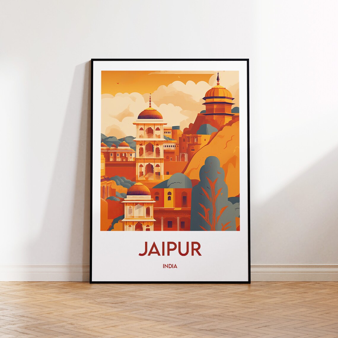 Jaipur India Amber Palace Vintage Travel Poster Golden Sunrise