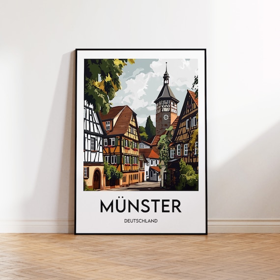 Münster Deutschland Half Timbered Street Clock Tower Travel Poster