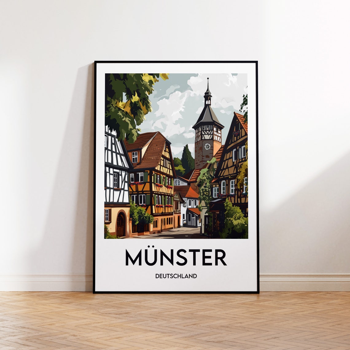 Münster Deutschland Half Timbered Street Clock Tower Travel Poster