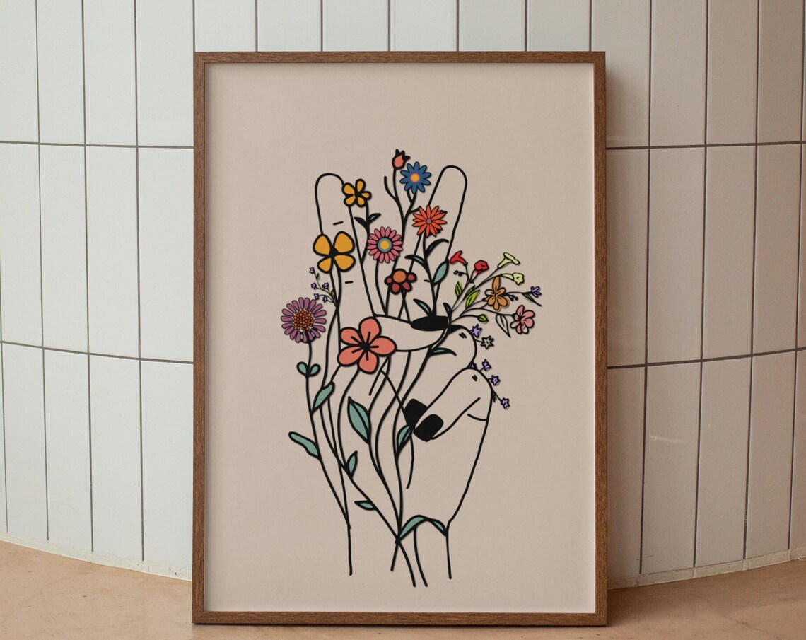 Peace Hand Retro Flower Art Print, Hippie Decor