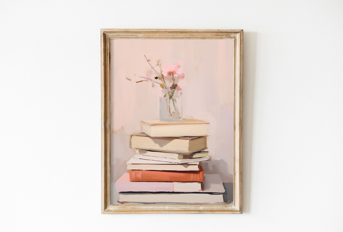 Book Lover Print, Soft Pink Pastel Art Print