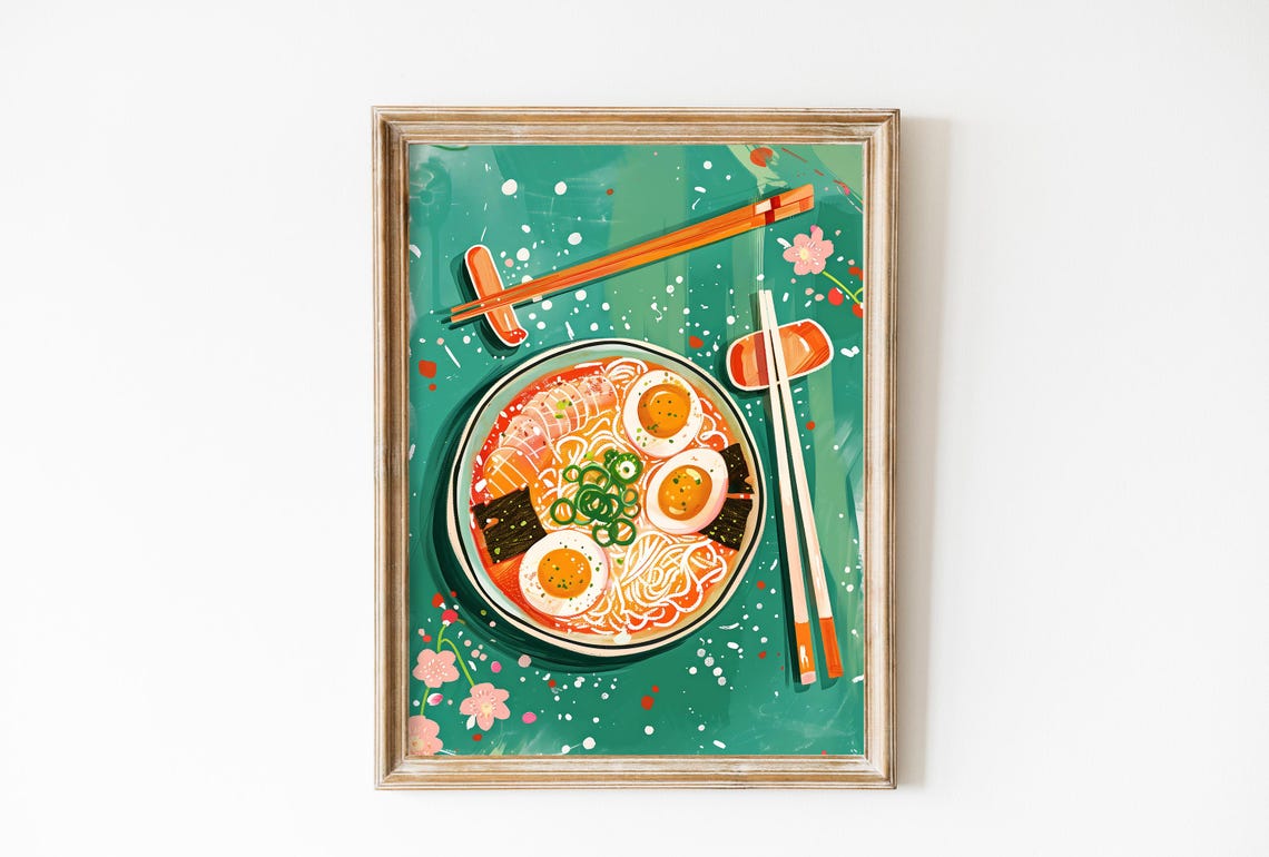 Ramen Bowl With Soft Egg On Teal Background Japanese Food Art Poster