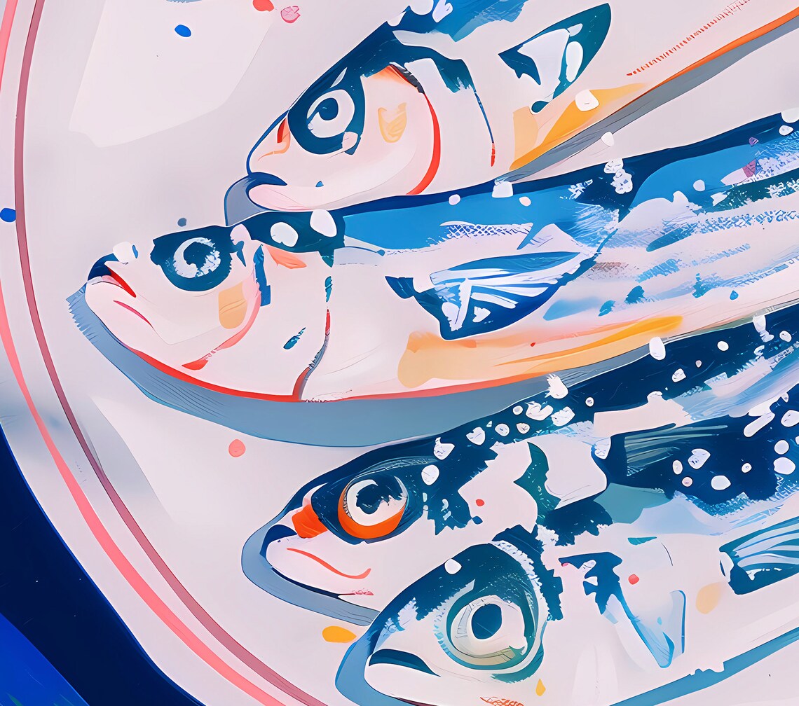 Retro Blue Sardines On Plate Mediterranean Kitchen Food Art Poster - Image 2