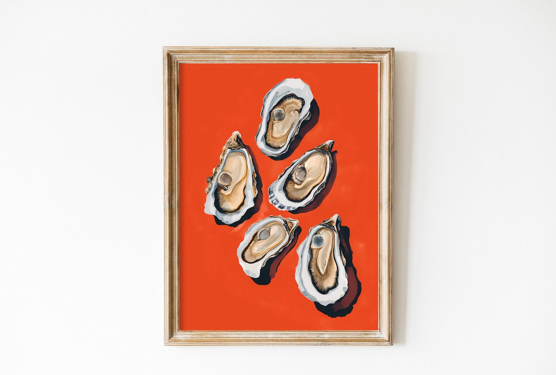 Fresh Oysters Red Background Bold Seafood Kitchen Art Poster