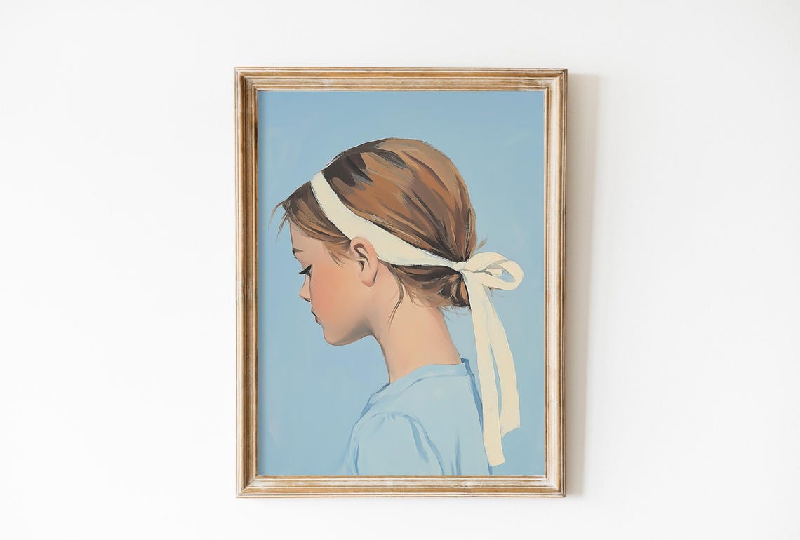 Woman With Bow Coquette Portrait Blue Farmhouse Print Vintage Cottage Corem Vintage French Print Nursery Prints Girl Bow Coquetteful Print