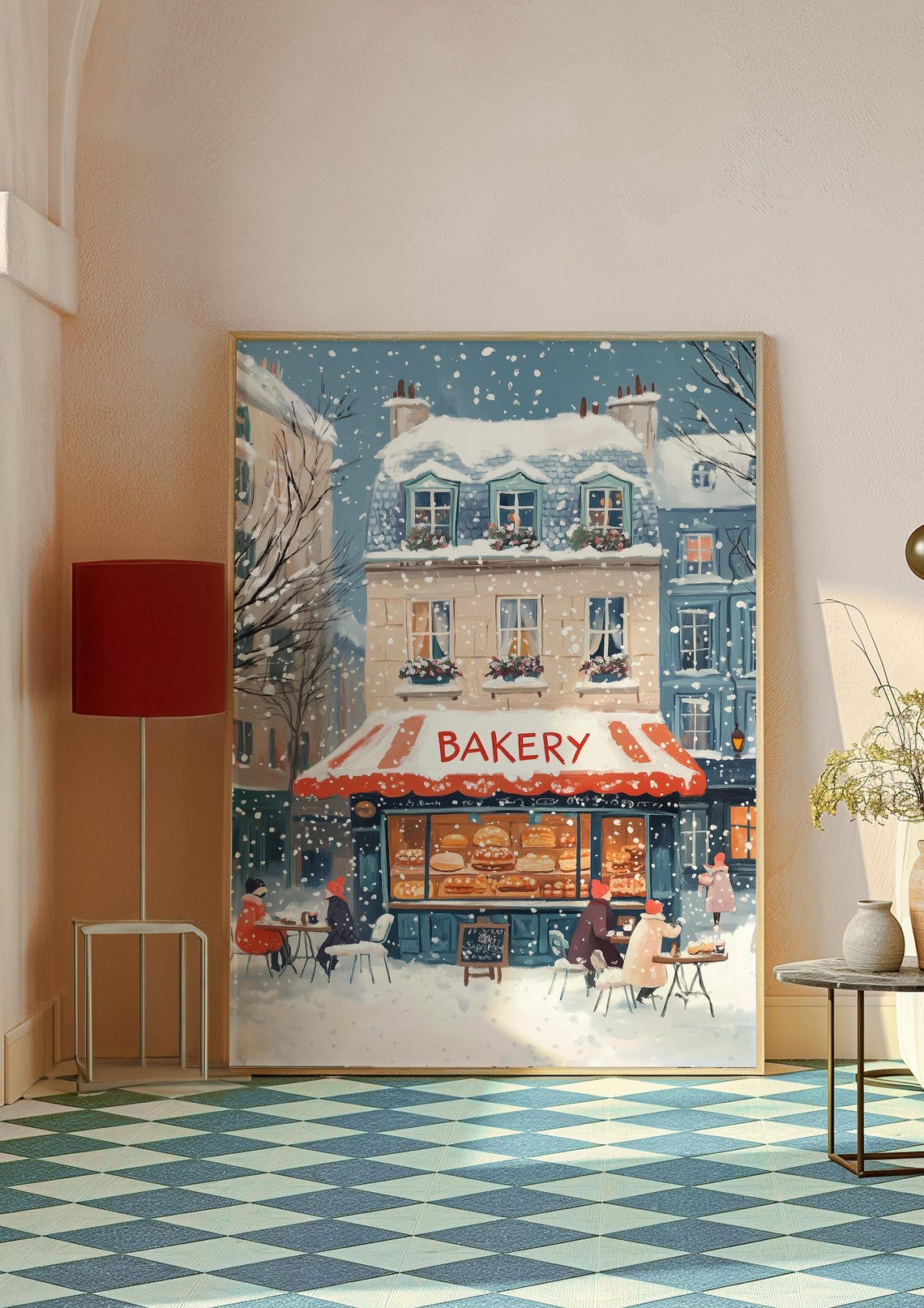 Paris Bakery with Red Awning in Snowy Winter Street Scene Poster - Image 3
