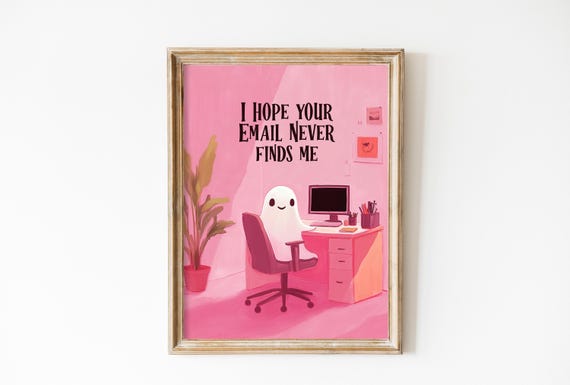 Pink Halloween Ghost Art Print, Office Decor