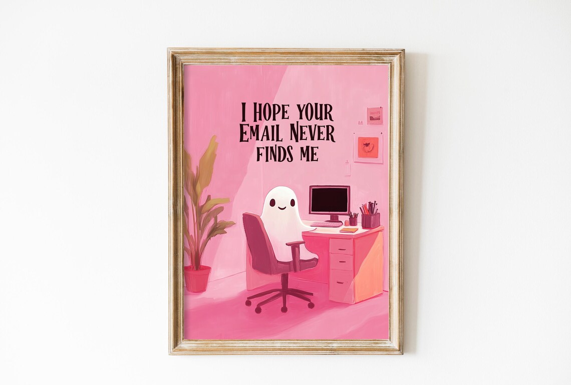 Pink Halloween Ghost Art Print, Office Decor