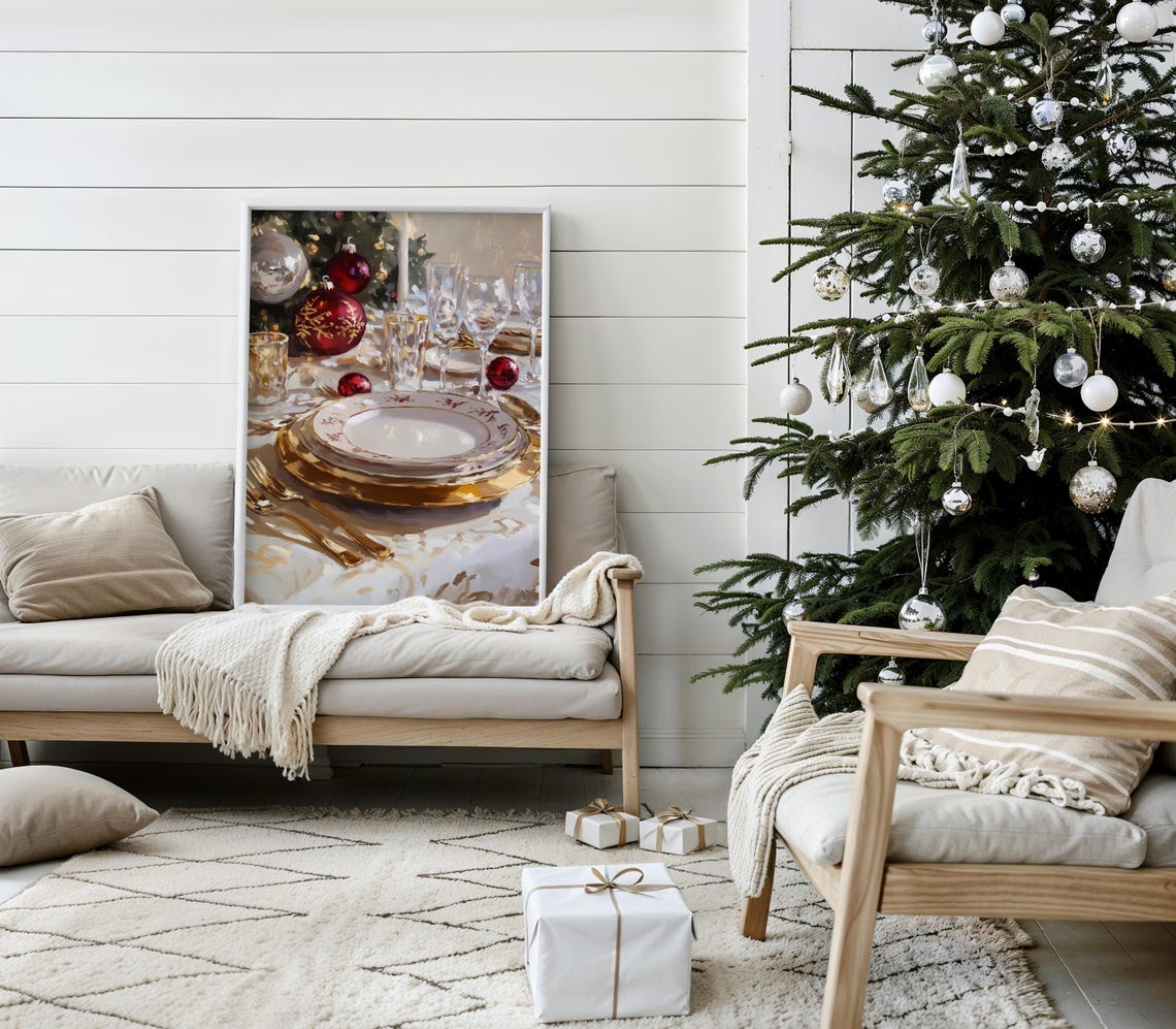 Gold Christmas Ornaments Moody Christmas Diner Decor Xmas Print Vintage Christmas Print Cutlery Christmas Oil Painting Art - Image 2