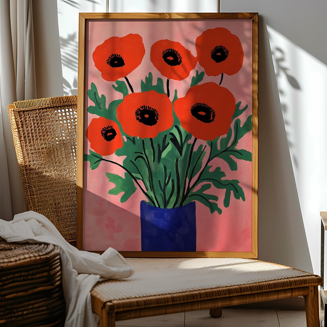 Orange Poppies Blue Vase Pink Background Floral Art Wall Poster - Image 3