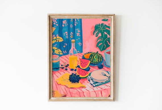 Watermelon Summer Fruit Flatlay Vivid Pink Tropical Kitchen Art Poster