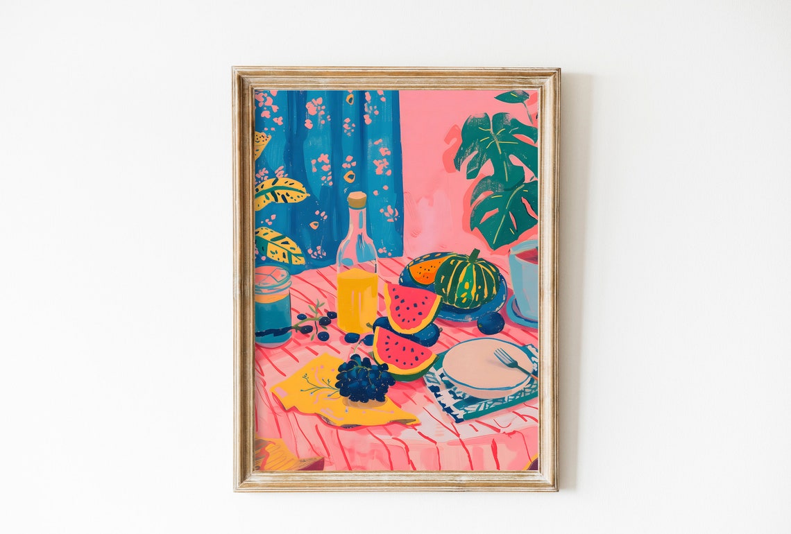 Watermelon Summer Fruit Flatlay Vivid Pink Tropical Kitchen Art Poster