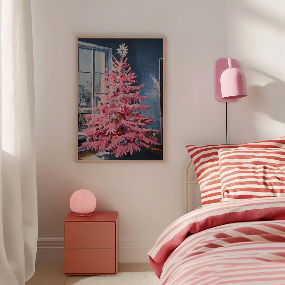 Pink Christmas Tree Oil Painting by a Frosty Window View Poster - Image 2