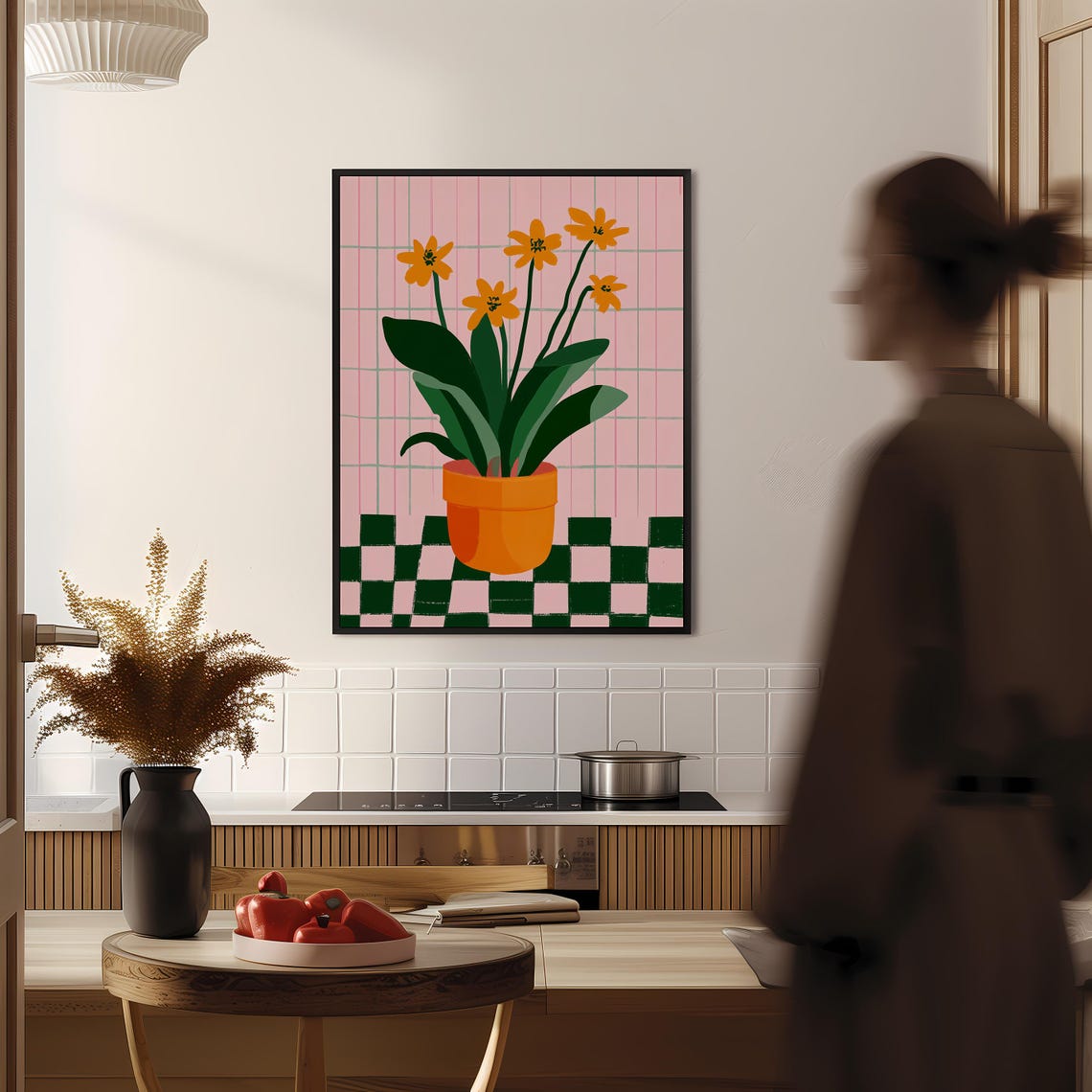 Orange Potted Flowers Pink Grid Danish Pastel Kitchen Poster - Image 2