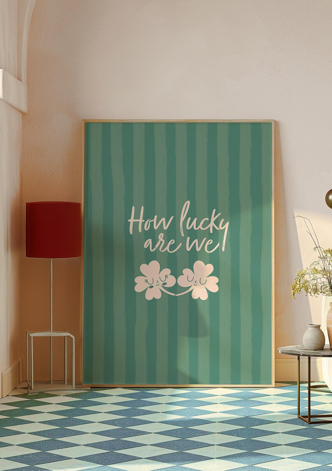 How Lucky Are We Smiling Shamrocks Quote Green Striped Poster - Image 2