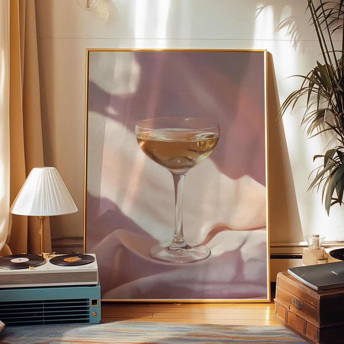 Retro Golden Cocktail Coupe Glass On Blush Pink Bar Cart Wall Art - Image 2