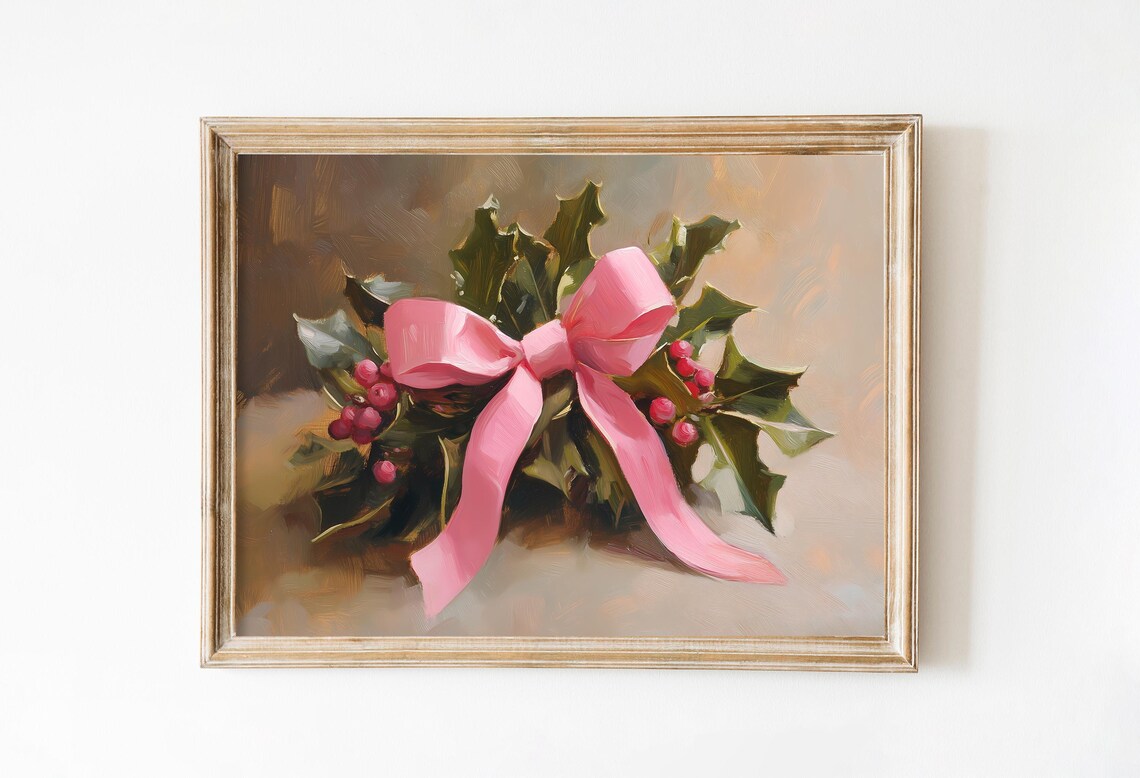 Mistletoe With Pink Bow Vintage Oil Painting Christmas Art Poster