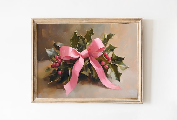 Mistletoe With Pink Bow Vintage Oil Painting Christmas Art Poster