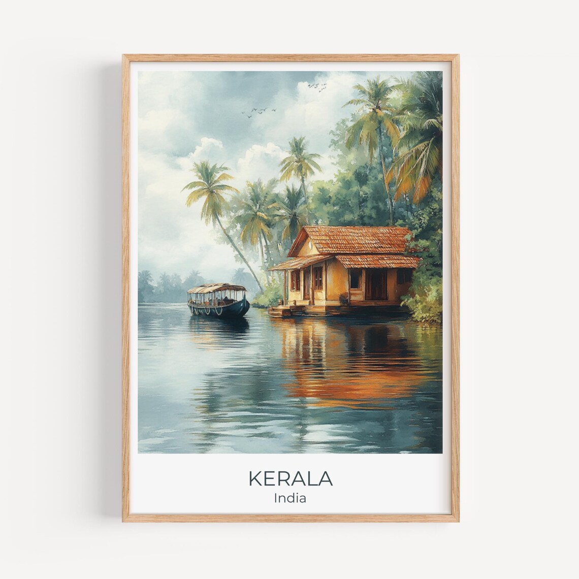 Kerala India Travel Poster Houseboat Palm Trees Backwater Art