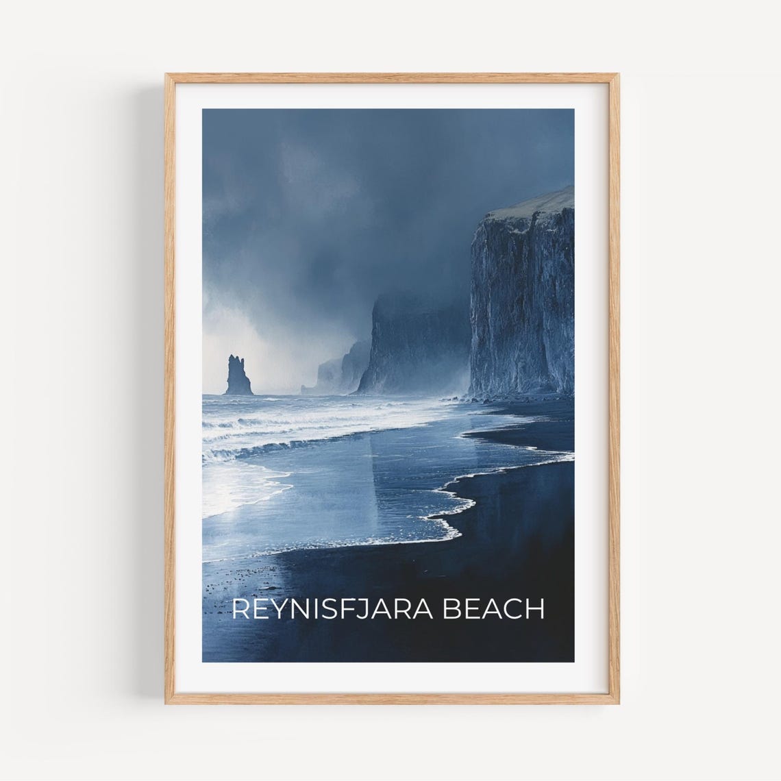 Reynisfjara Black Sand Beach Iceland Travel Poster Basalt Cliffs