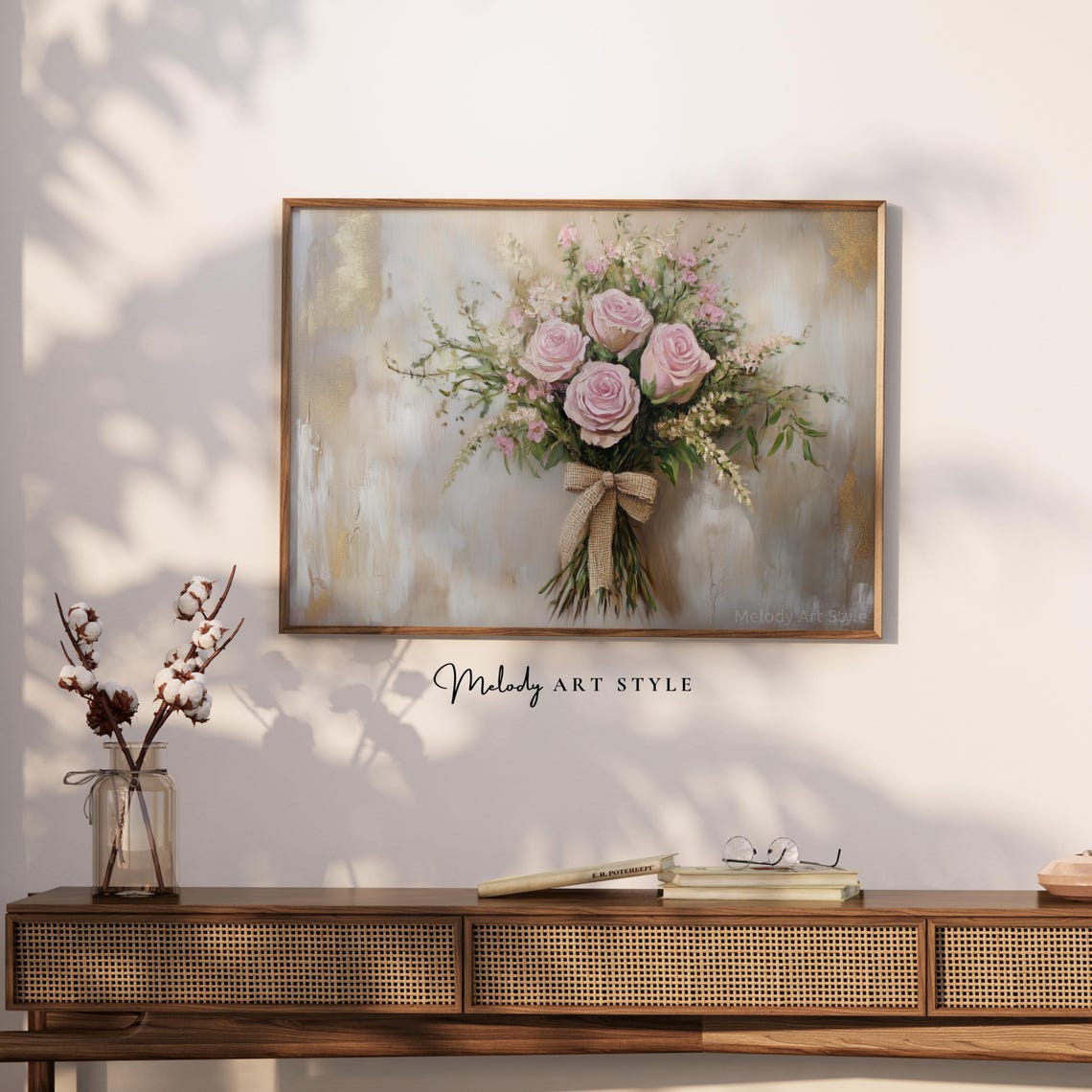 Blush Pink Rose Bouquet With Burlap Bow Floral Still Life Poster - Image 2