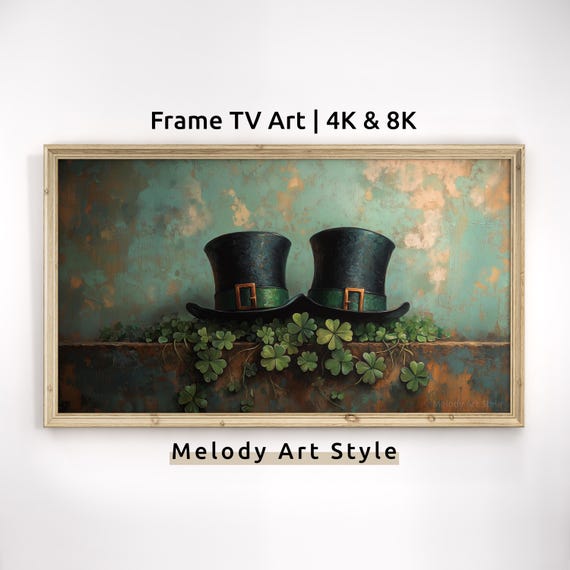 St Patricks Day Frame Tv Art 4k 8k Twin Leprechaun Hats And Shamrocks Painting Screensaver Desktop Wallpaper Rustic F168