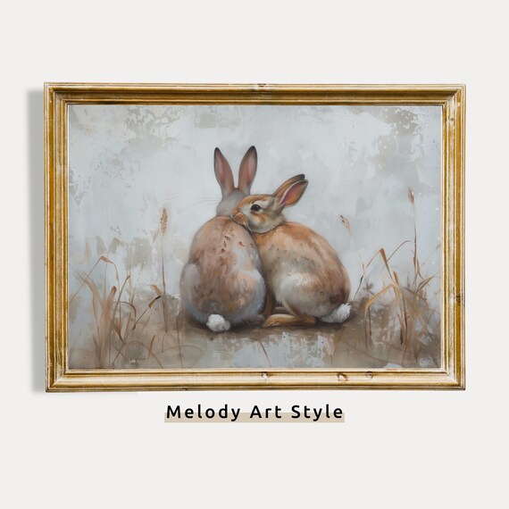 Two Cuddling Bunnies Vintage Oil Painting Cozy Rustic Rabbit Wall Art Poster
