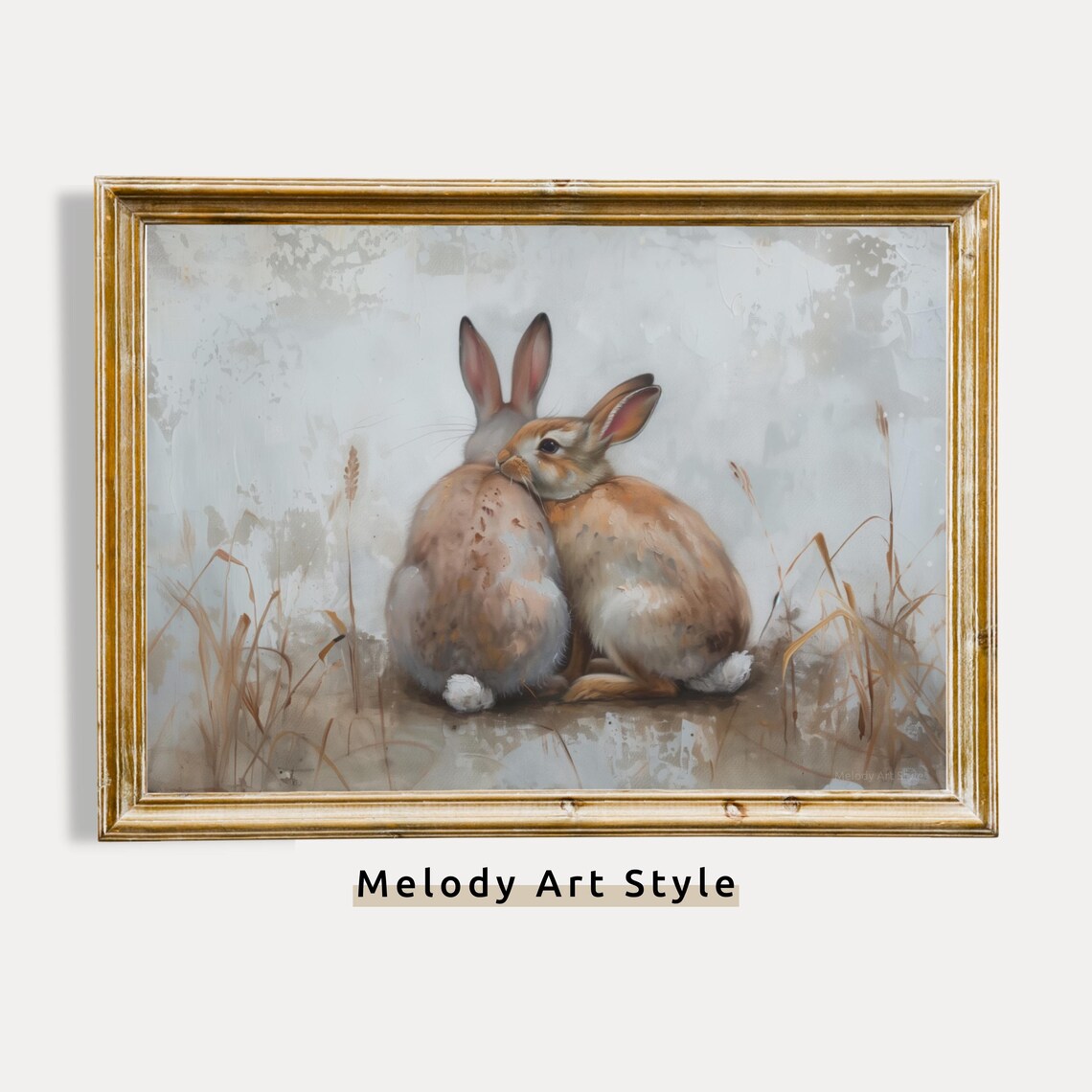 Two Cuddling Bunnies Vintage Oil Painting Cozy Rustic Rabbit Wall Art Poster